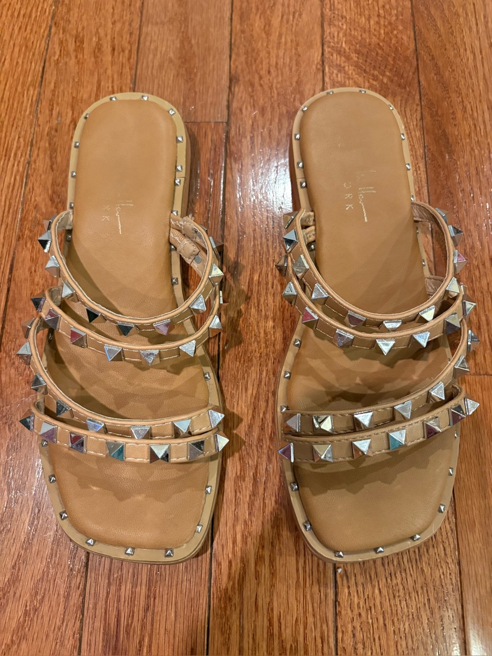 Nicole Miller New York Studded Tan Slide Sandals